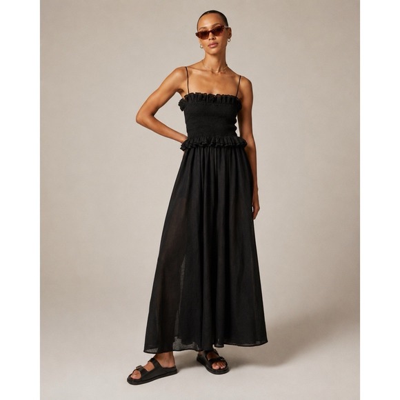 J.CREW Dresses & Skirts - J.Crew Ravenna Ramie Smocked Maxi Dress Black Strapless Removable Straps Size S